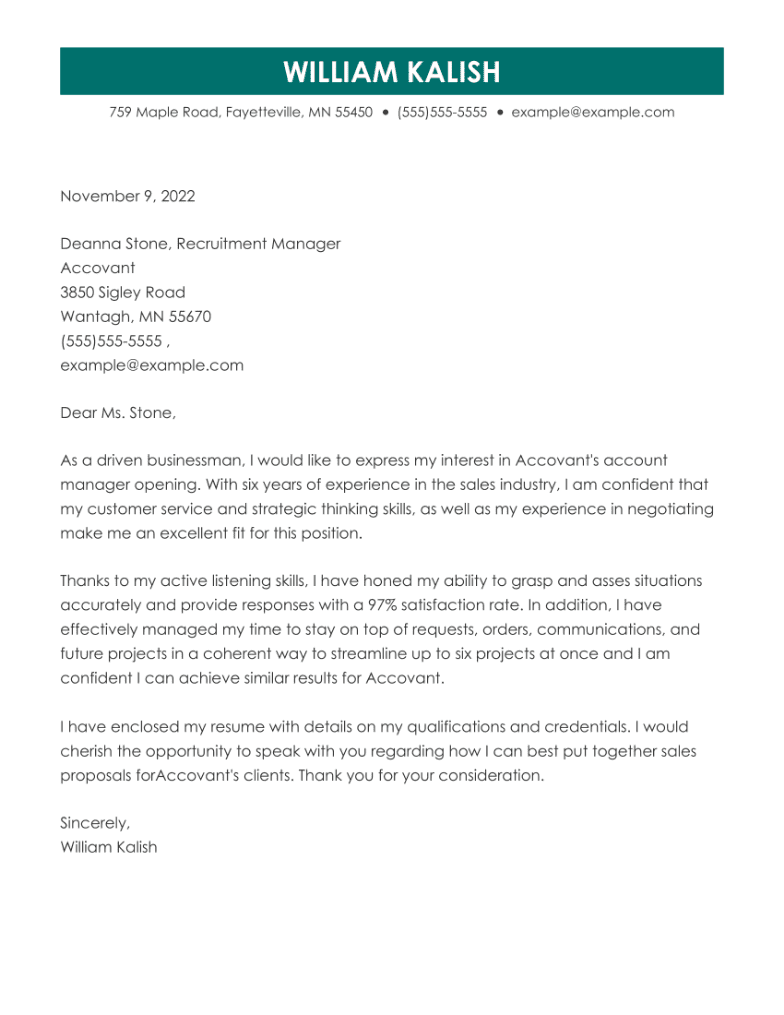 sample cover letter for account management position