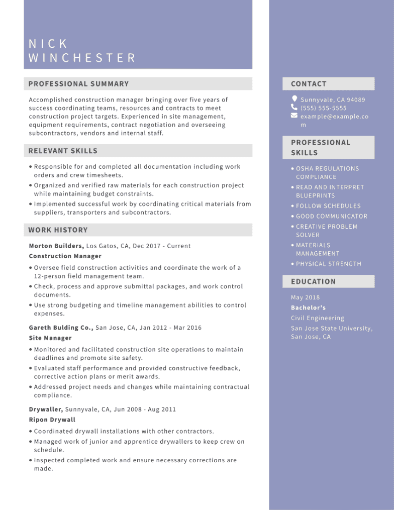 resume templates construction management