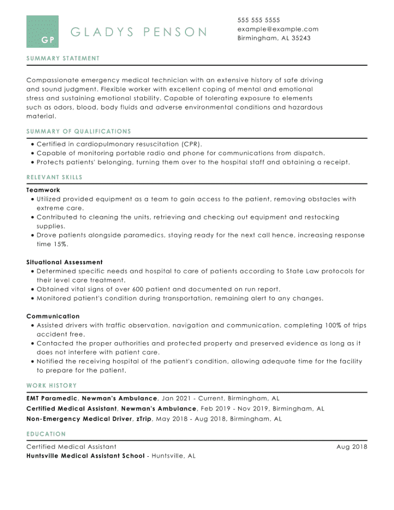 EMT CV example with green square in upper left corner.