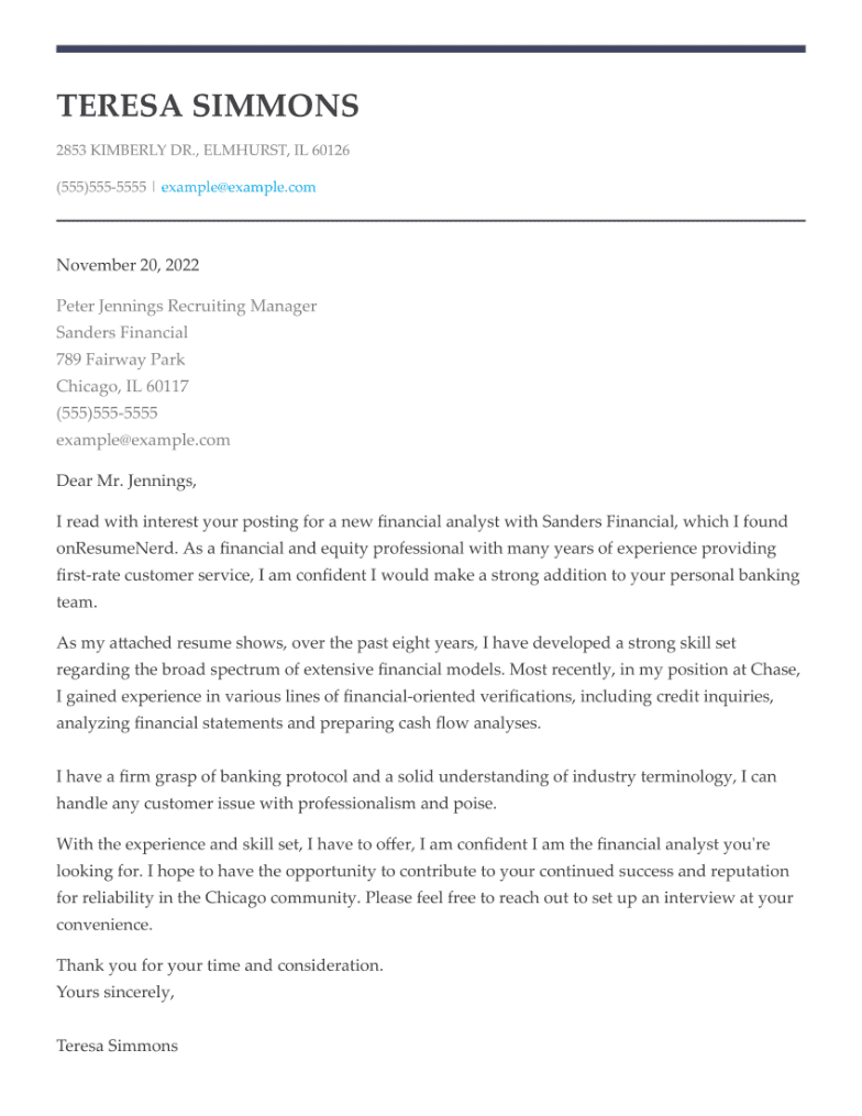 sample financial analyst cover letter