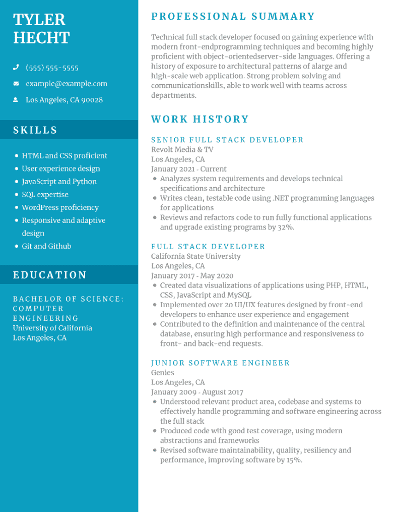 Full stack developer CV example using Empire CV template.