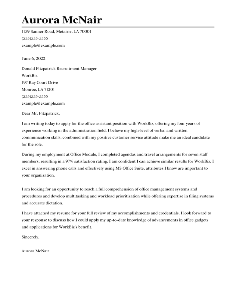 Best Office Assistant Cover Letter Example CV Help