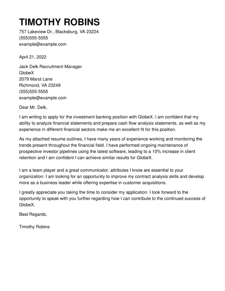 Best Investment Banking Cover Letter Example CV Help