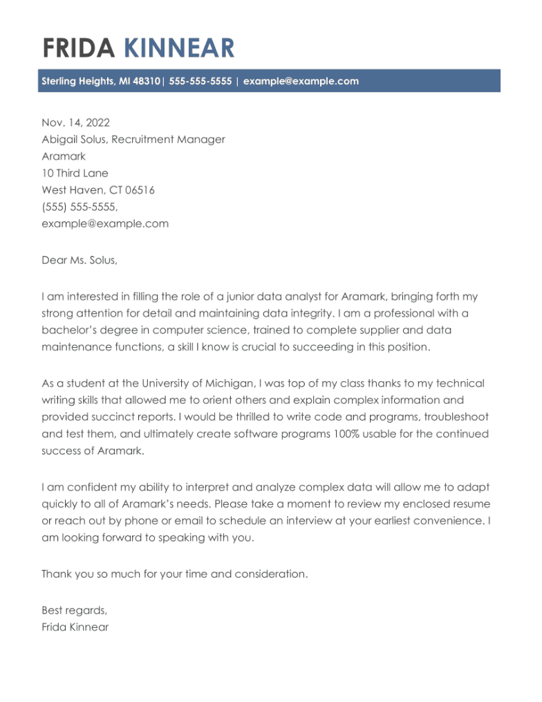 sample cover letter for a computer science graduate