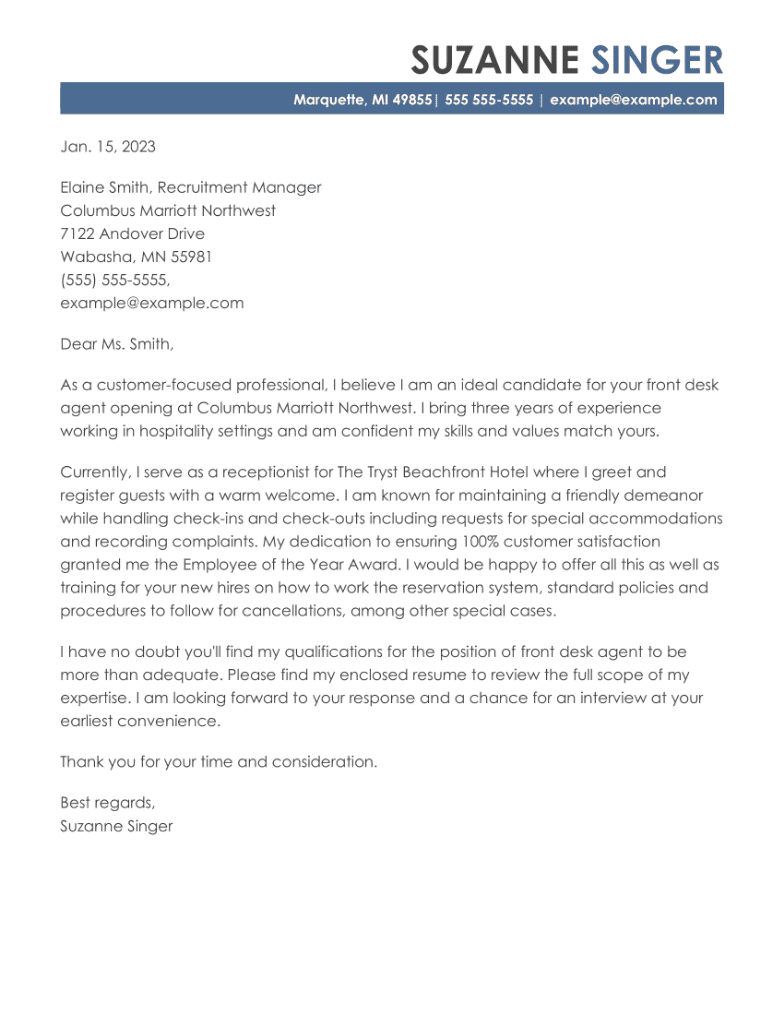 hospitality job cover letter examples