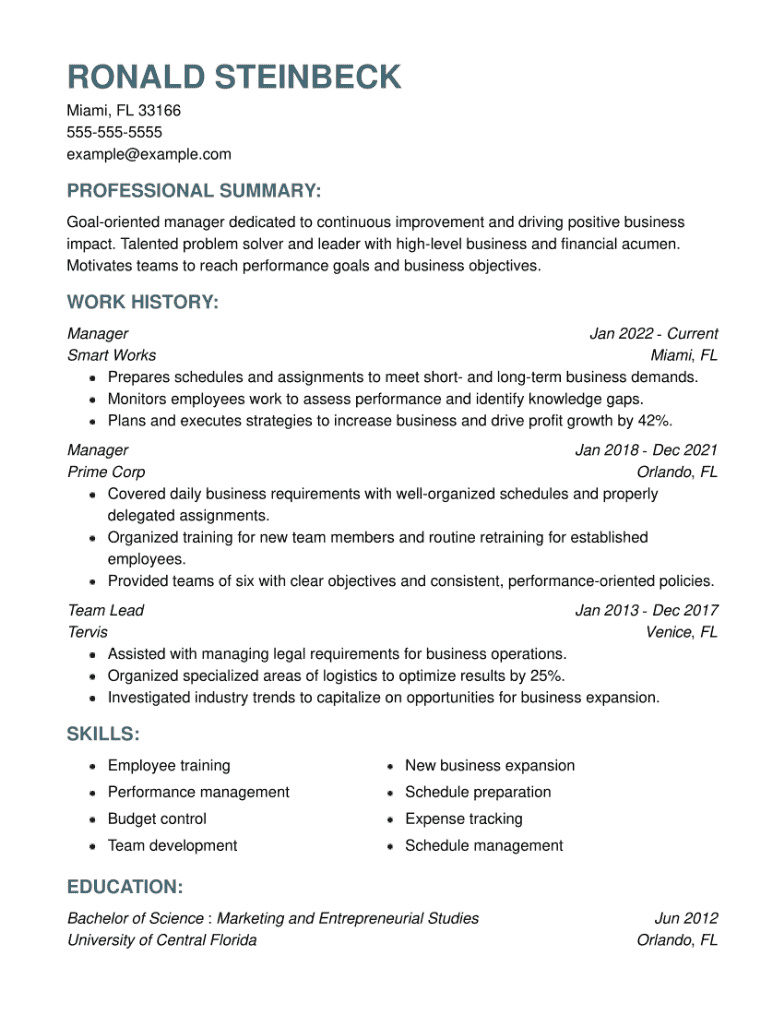 Manager CV example using a right justified CV template.