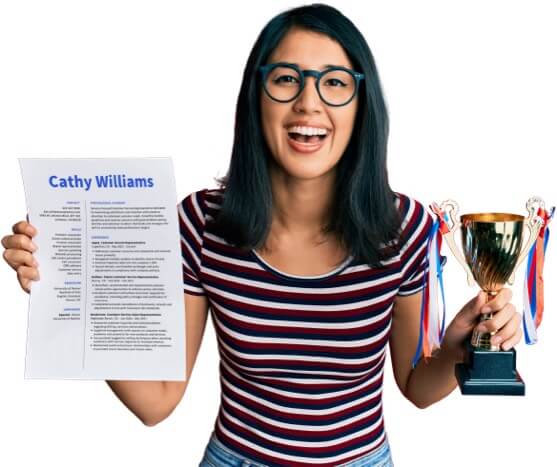 Excited woman holding a resume example and a trophy.