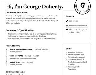 Engineering student CV example with center justified sections.