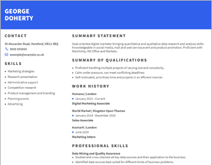 Filmmaker CV example with center justified sections.